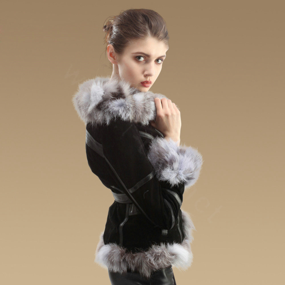 New Fashion Genuine Pig Leather Coat With Large Fox Fur Collar Women's Winter Fur Jacket - Black Grey