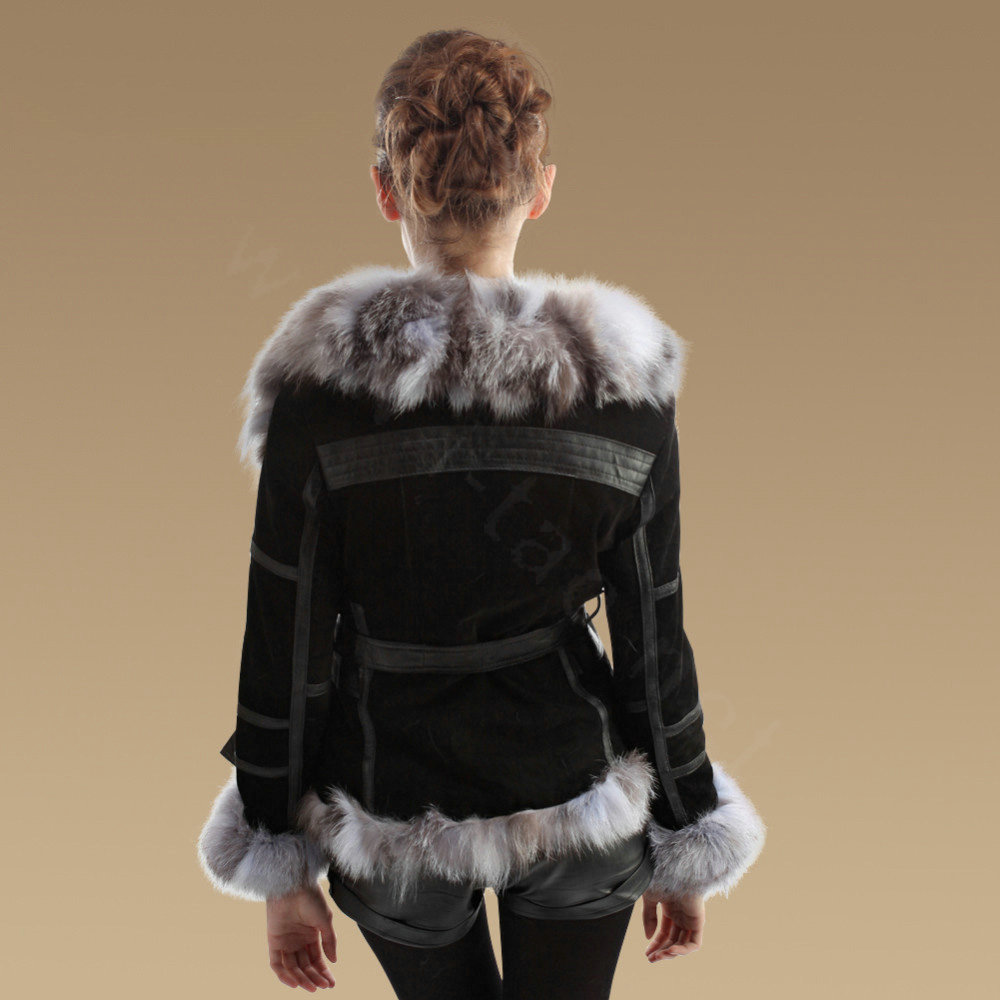 New Fashion Genuine Pig Leather Coat With Large Fox Fur Collar Women's Winter Fur Jacket - Black Grey