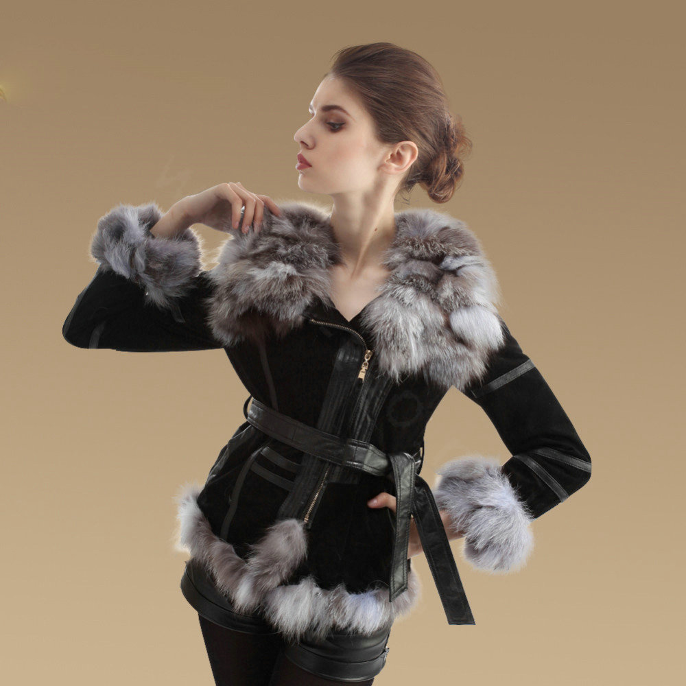 New Fashion Genuine Pig Leather Coat With Large Fox Fur Collar Women's Winter Fur Jacket - Black Grey