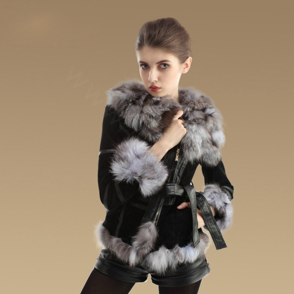 New Fashion Genuine Pig Leather Coat With Large Fox Fur Collar Women's Winter Fur Jacket - Black Grey