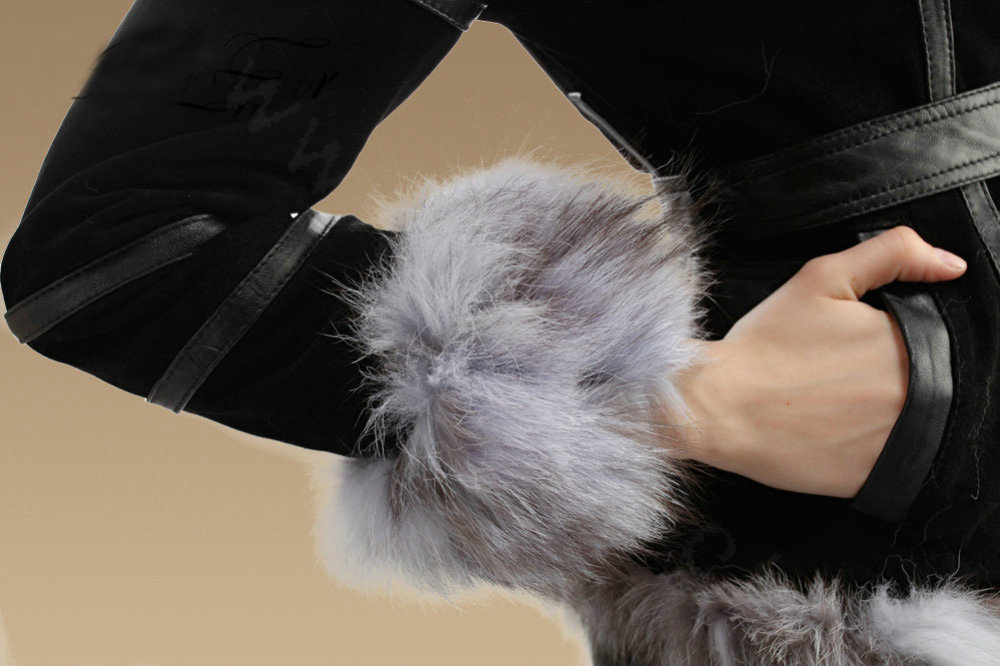 New Fashion Genuine Pig Leather Coat With Large Fox Fur Collar Women's Winter Fur Jacket - Black Grey