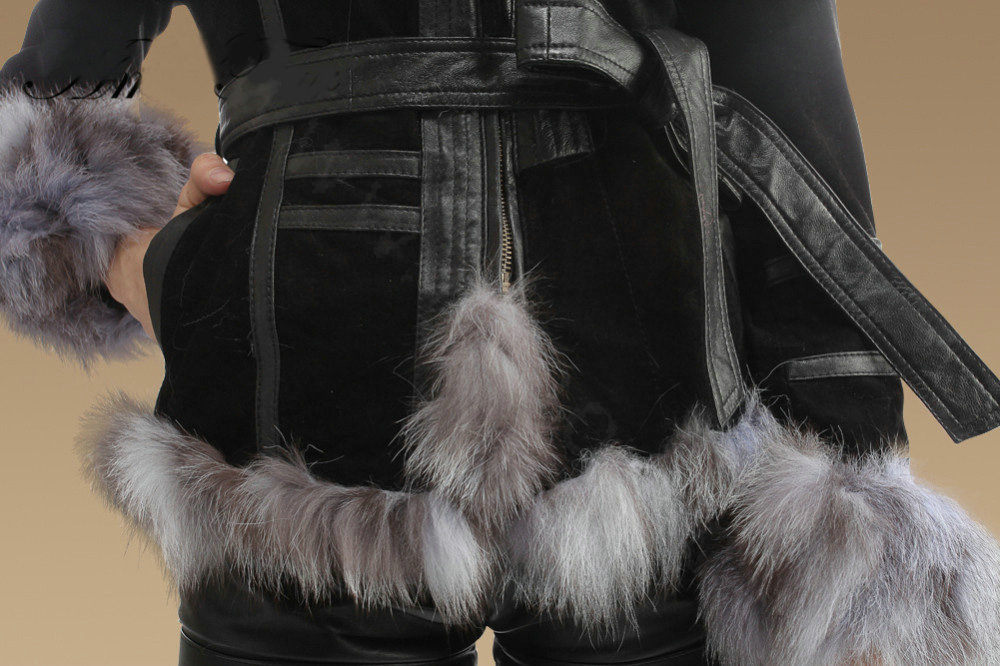 New Fashion Genuine Pig Leather Coat With Large Fox Fur Collar Women's Winter Fur Jacket - Black Grey