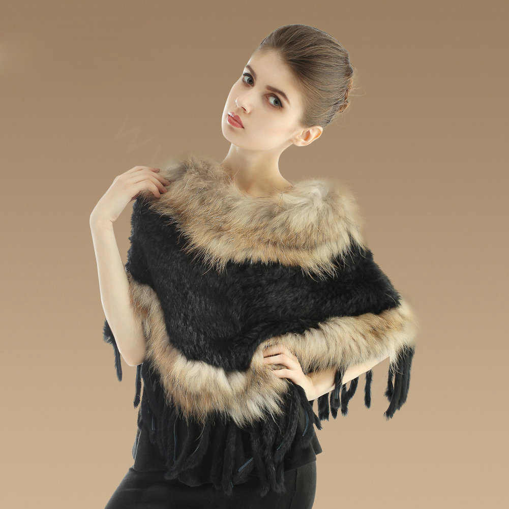 New Fashion Women Genuine Knitted Rabbit Fur Shawl With Raccoon Fur Tassels Poncho - Black