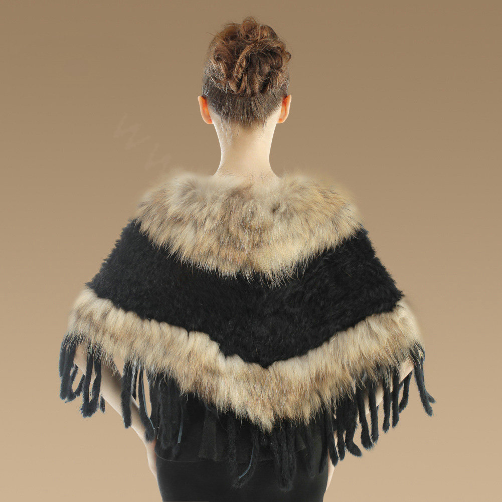 New Fashion Women Genuine Knitted Rabbit Fur Shawl With Raccoon Fur Tassels Poncho - Black