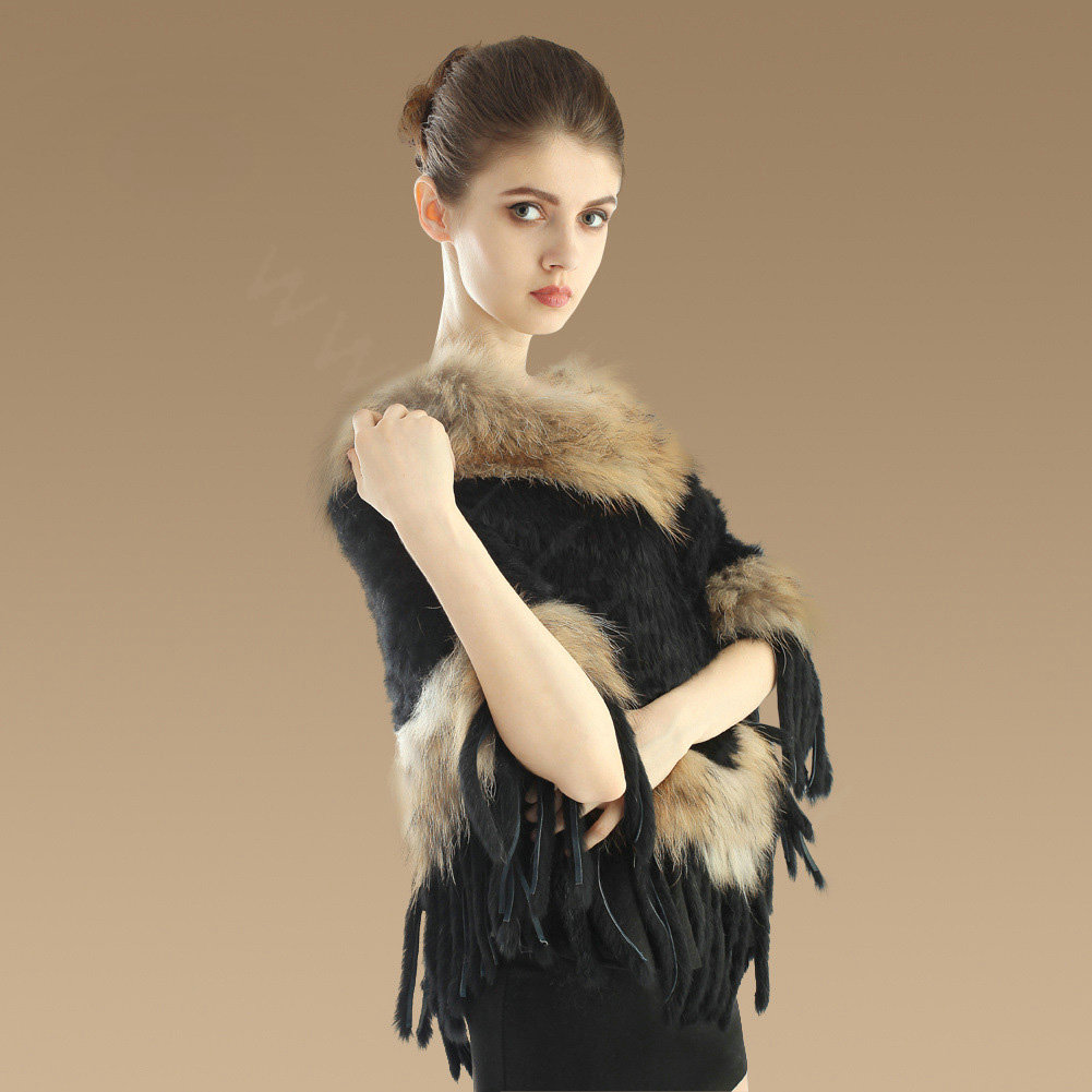 New Fashion Women Genuine Knitted Rabbit Fur Shawl With Raccoon Fur Tassels Poncho - Black