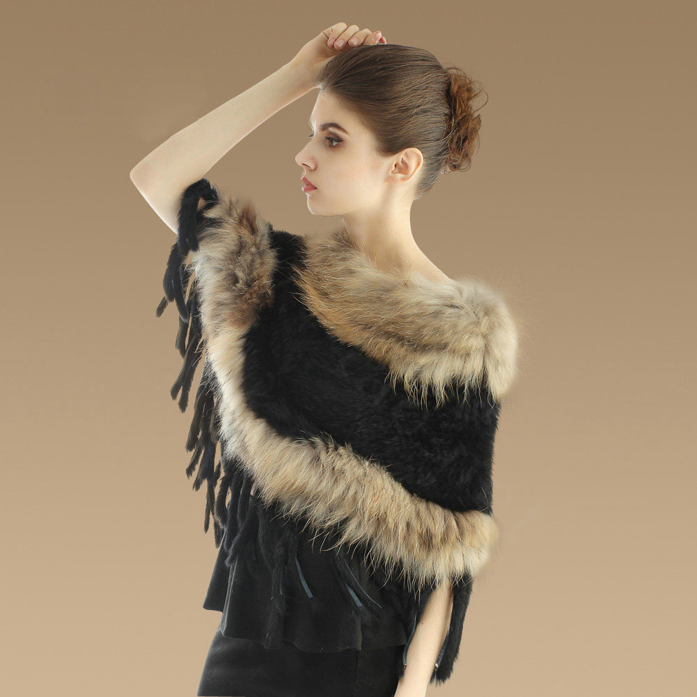 New Fashion Women Genuine Knitted Rabbit Fur Shawl With Raccoon Fur Tassels Poncho - Black
