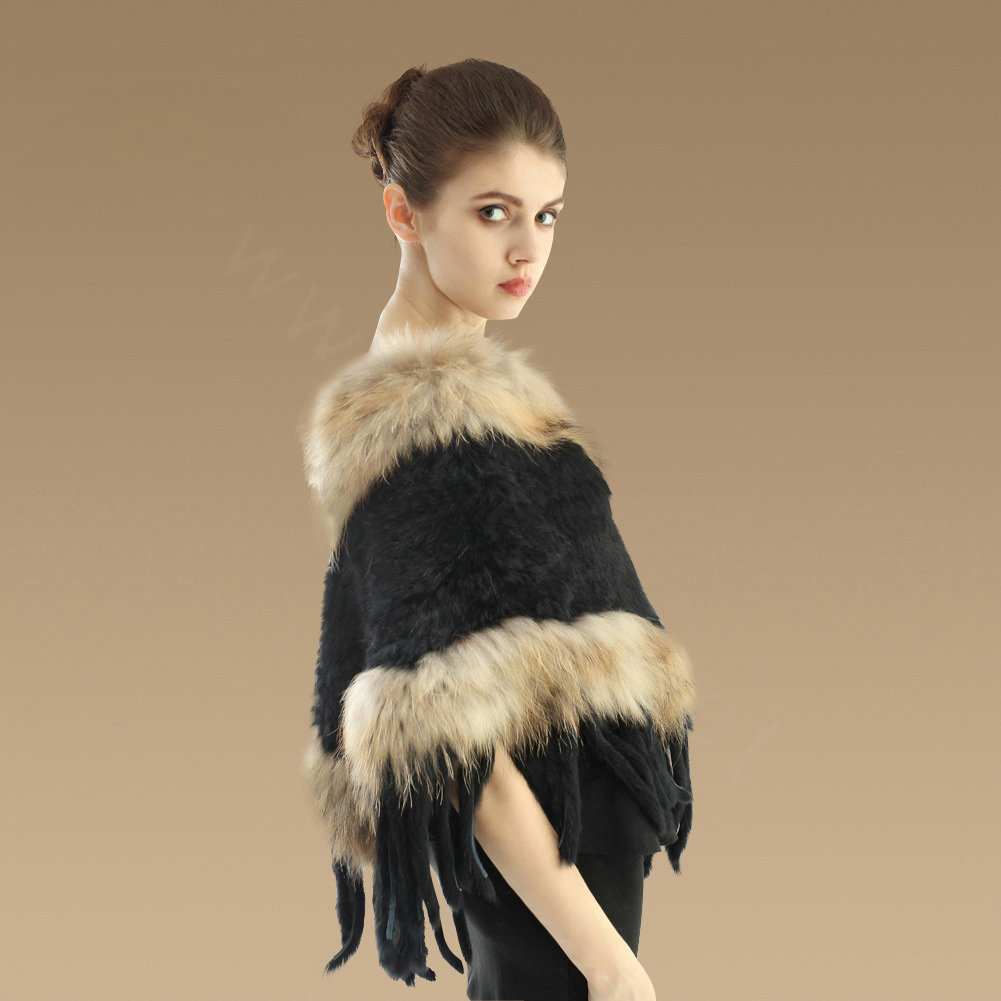 New Fashion Women Genuine Knitted Rabbit Fur Shawl With Raccoon Fur Tassels Poncho - Black