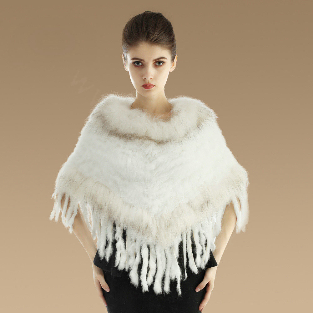 New Fashion Women Genuine Knitted Rabbit Fur Shawl With Raccoon Fur Tassels Poncho - White