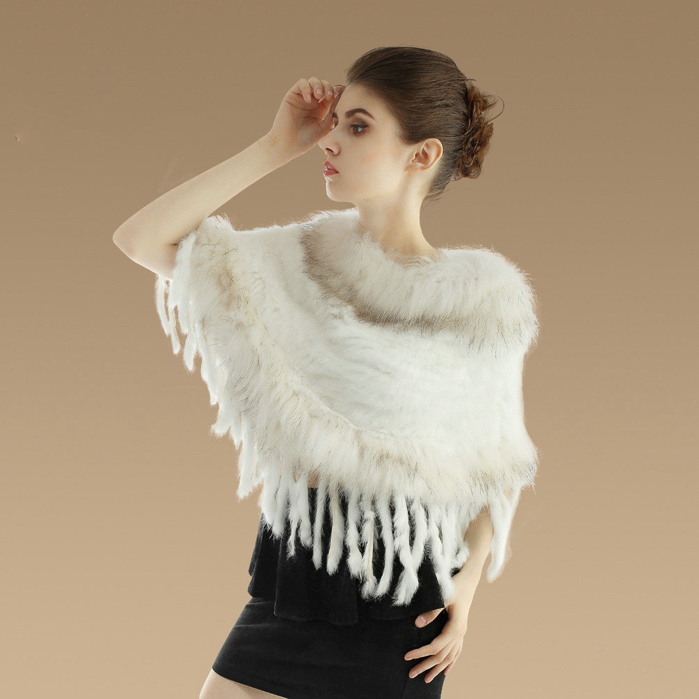 New Fashion Women Genuine Knitted Rabbit Fur Shawl With Raccoon Fur Tassels Poncho - White