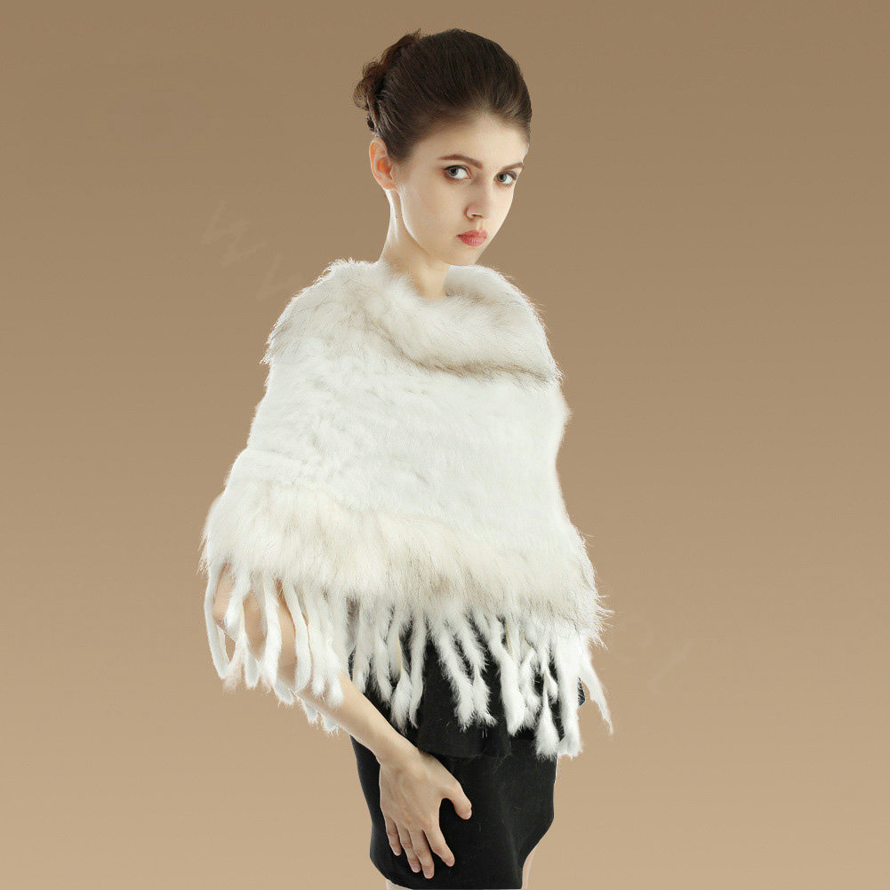 New Fashion Women Genuine Knitted Rabbit Fur Shawl With Raccoon Fur Tassels Poncho - White