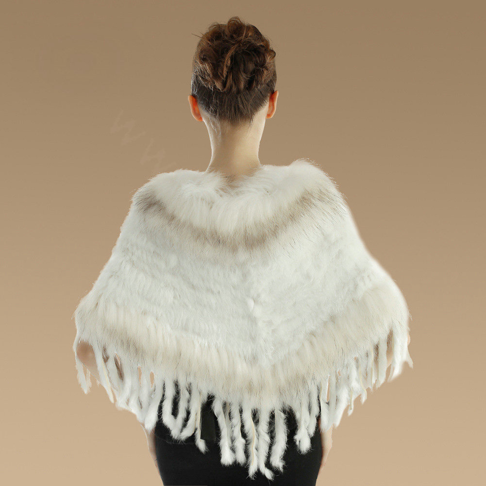 New Fashion Women Genuine Knitted Rabbit Fur Shawl With Raccoon Fur Tassels Poncho - White