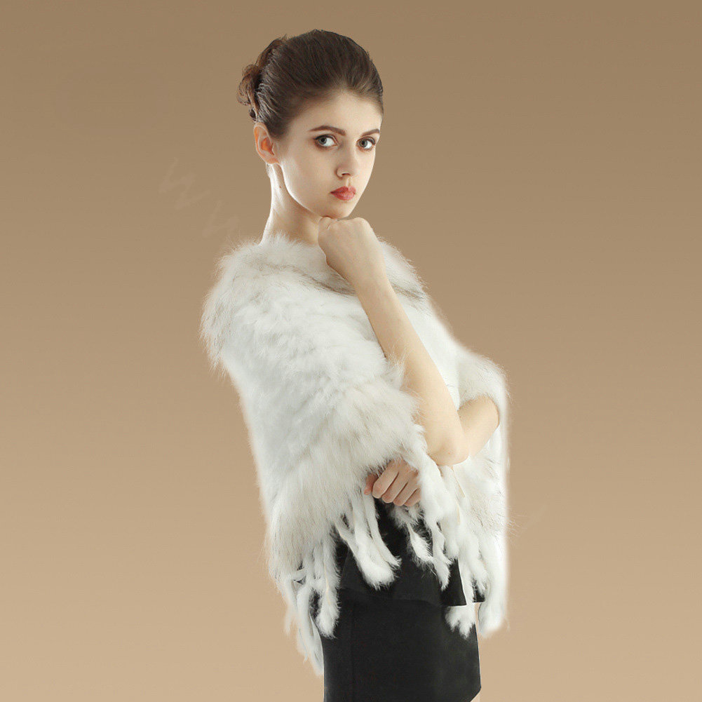New Fashion Women Genuine Knitted Rabbit Fur Shawl With Raccoon Fur Tassels Poncho - White