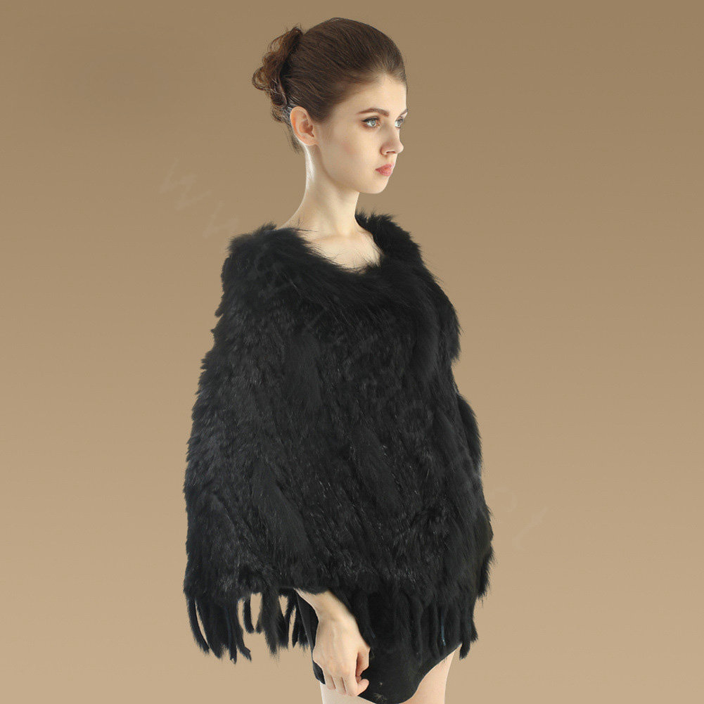 New Fashion Women Genuine Knitted Rabbit Fur Shawl With Raccoon Fur Tassels Pullover - Black