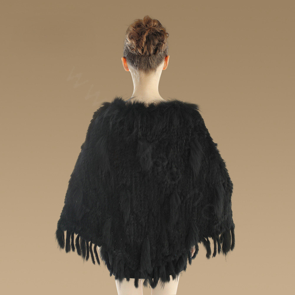 New Fashion Women Genuine Knitted Rabbit Fur Shawl With Raccoon Fur Tassels Pullover - Black