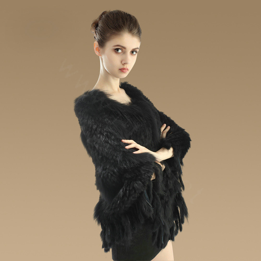 New Fashion Women Genuine Knitted Rabbit Fur Shawl With Raccoon Fur Tassels Pullover - Black