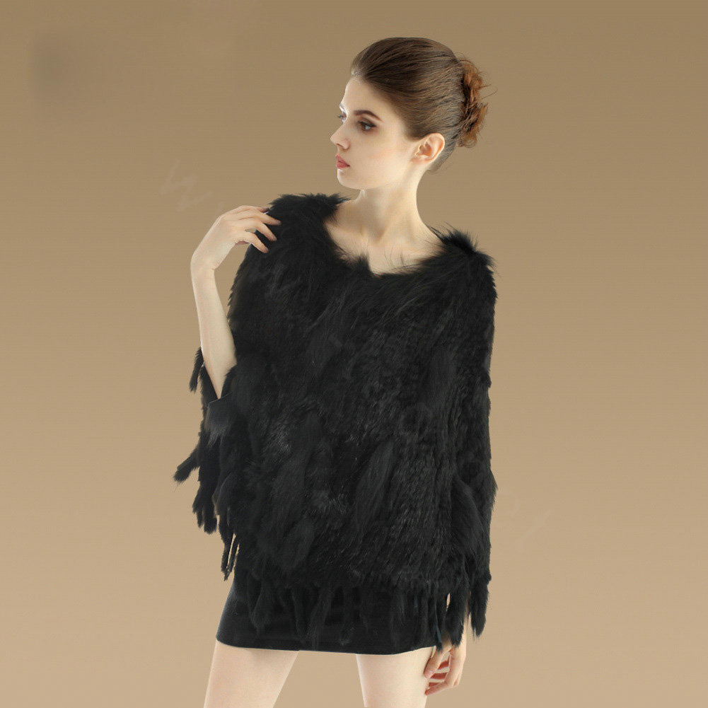 New Fashion Women Genuine Knitted Rabbit Fur Shawl With Raccoon Fur Tassels Pullover - Black