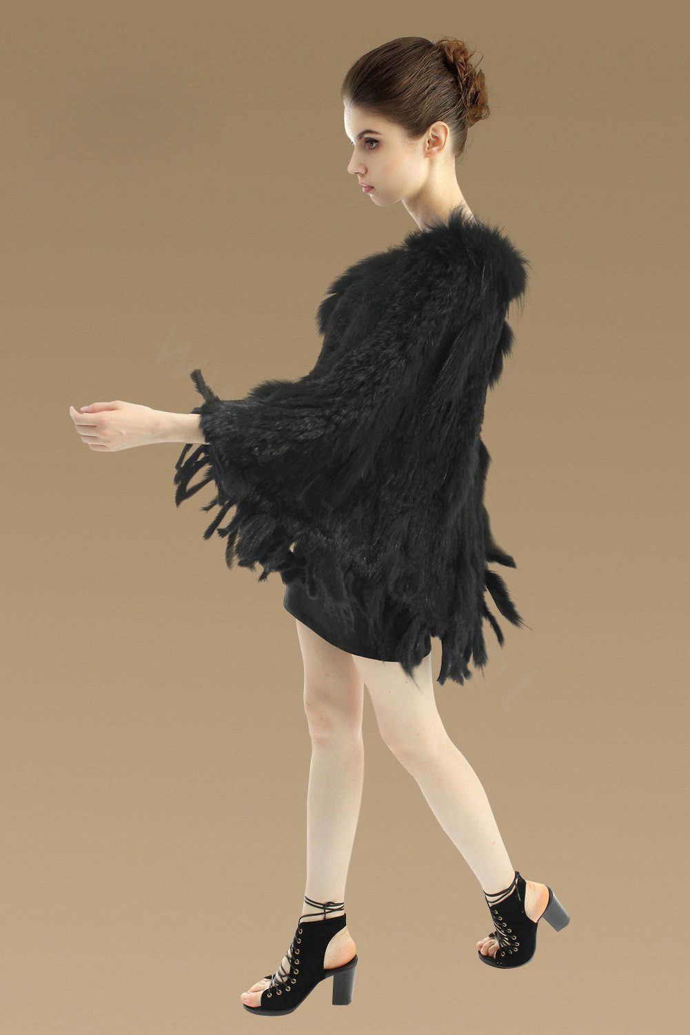 New Fashion Women Genuine Knitted Rabbit Fur Shawl With Raccoon Fur Tassels Pullover - Black