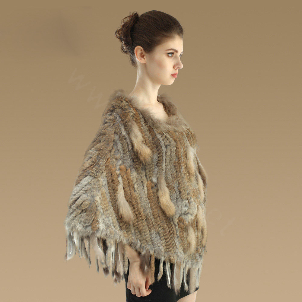 New Fashion Women Genuine Knitted Rabbit Fur Shawl With Raccoon Fur Tassels Pullover - Brown