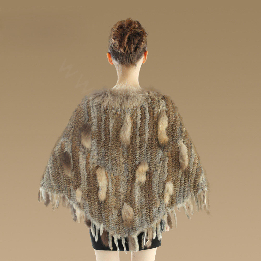 New Fashion Women Genuine Knitted Rabbit Fur Shawl With Raccoon Fur Tassels Pullover - Brown