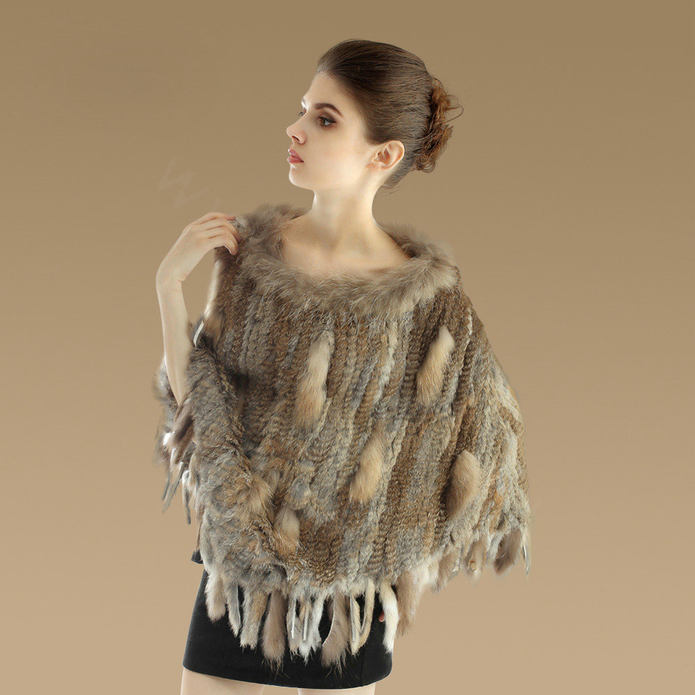 New Fashion Women Genuine Knitted Rabbit Fur Shawl With Raccoon Fur Tassels Pullover - Brown