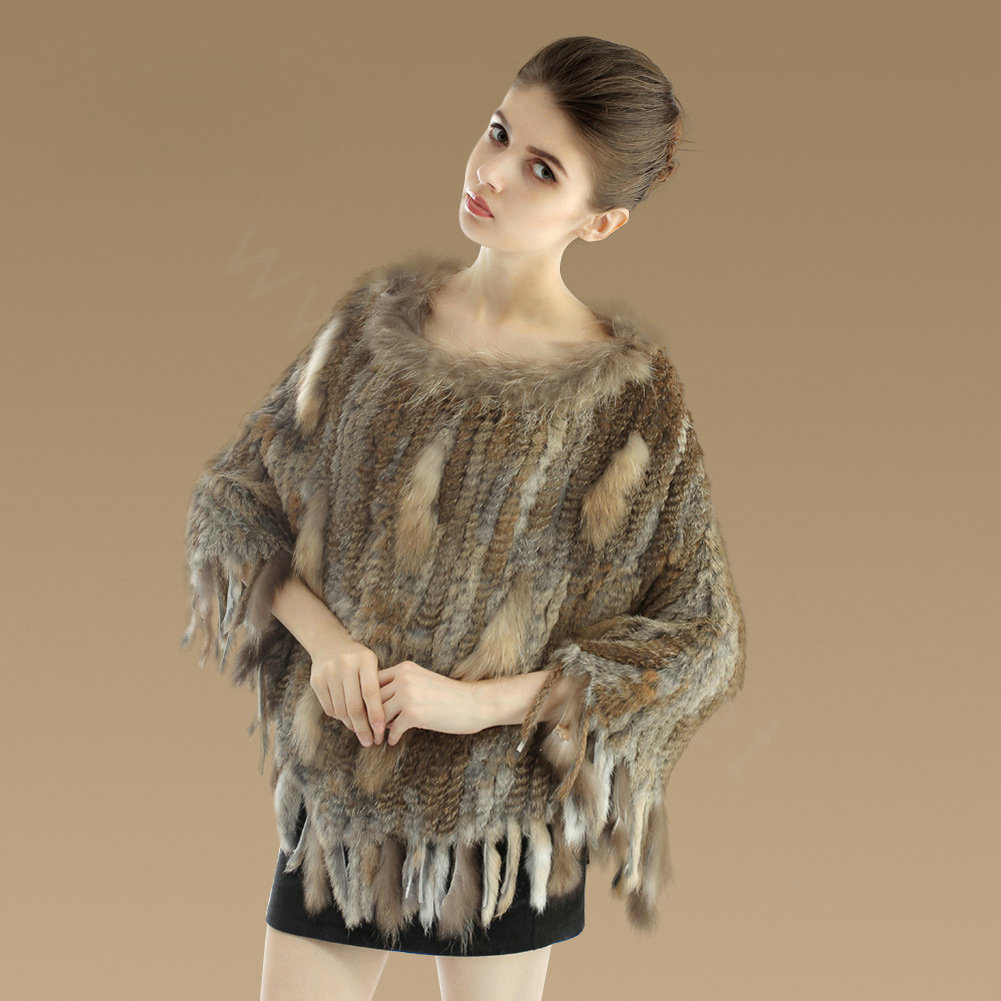 New Fashion Women Genuine Knitted Rabbit Fur Shawl With Raccoon Fur Tassels Pullover - Brown