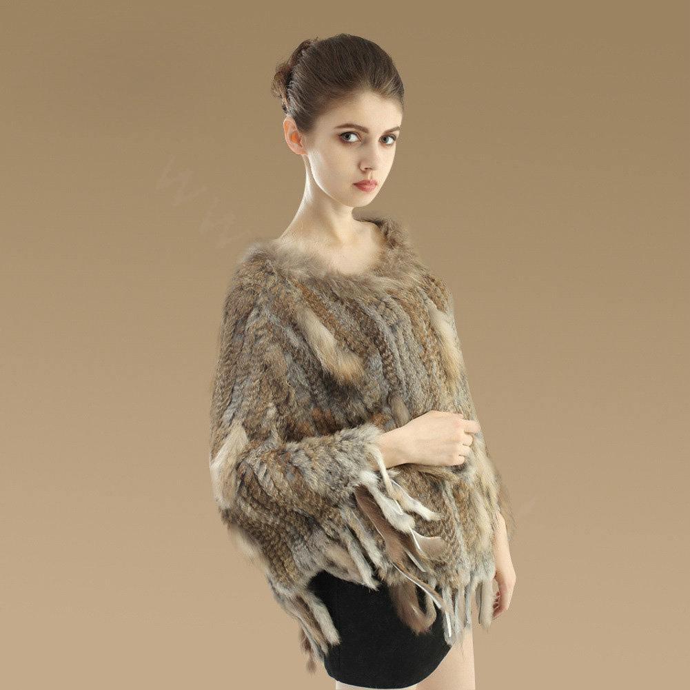 New Fashion Women Genuine Knitted Rabbit Fur Shawl With Raccoon Fur Tassels Pullover - Brown