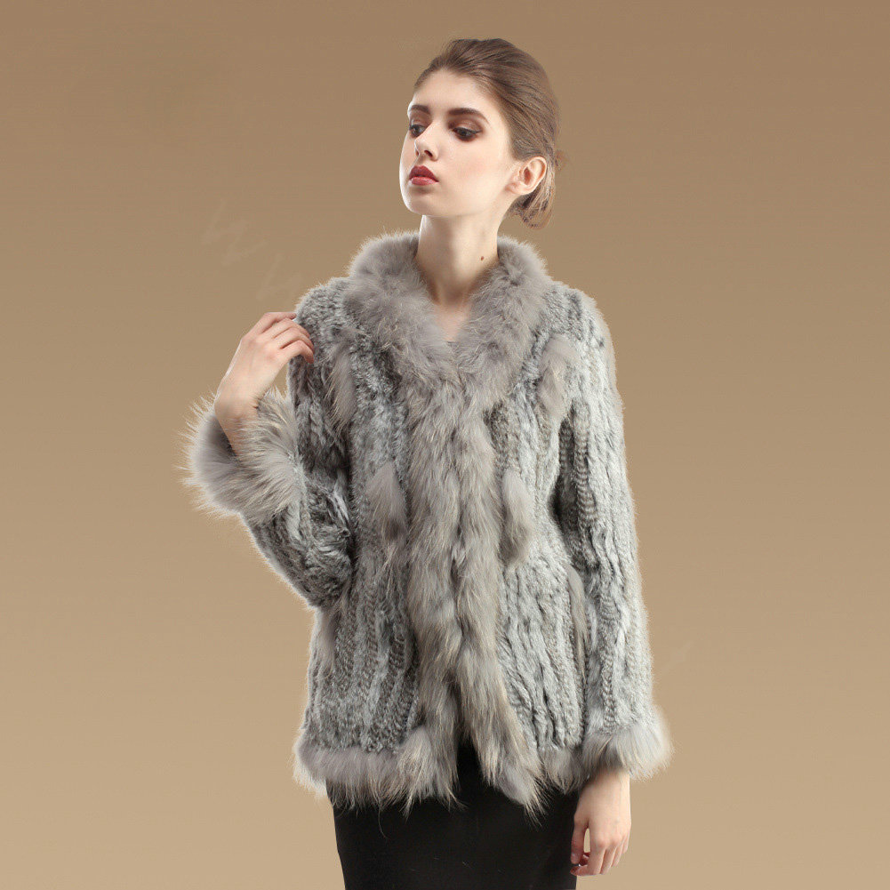 New Fashion Women Kint Rabbit Fur Coats Genuine Raccoon Fur Warm Outerwear - Natural Grey