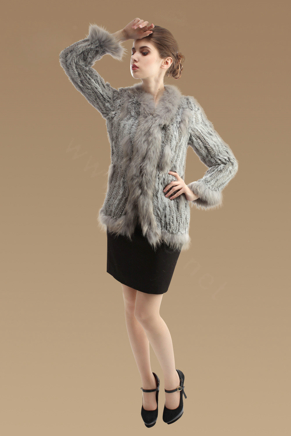 New Fashion Women Kint Rabbit Fur Coats Genuine Raccoon Fur Warm Outerwear - Natural Grey