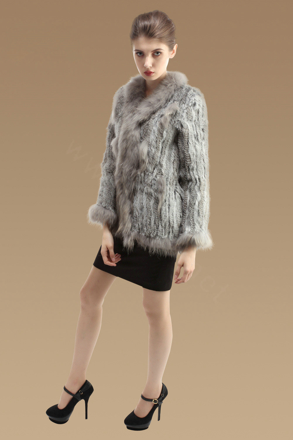 New Fashion Women Kint Rabbit Fur Coats Genuine Raccoon Fur Warm Outerwear - Natural Grey