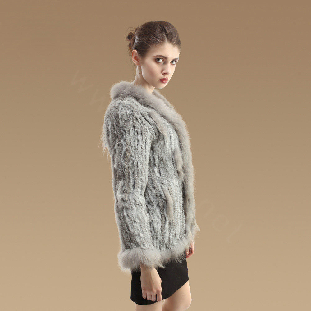 New Fashion Women Kint Rabbit Fur Coats Genuine Raccoon Fur Warm Outerwear - Natural Grey