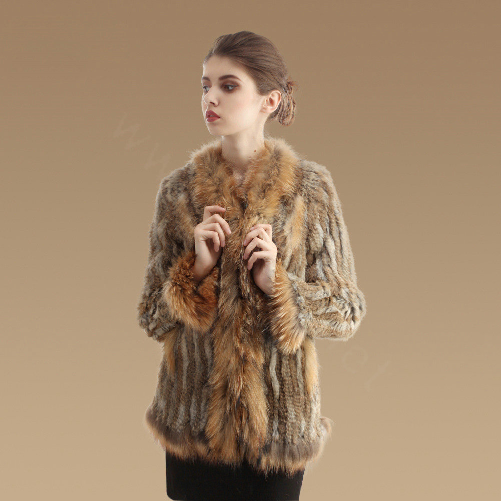 New Fashion Women Kint Rabbit Fur Coats Genuine Raccoon Fur Warm Outerwear - Natural Yellow