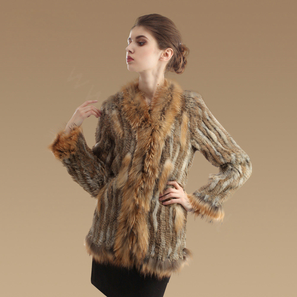 New Fashion Women Kint Rabbit Fur Coats Genuine Raccoon Fur Warm Outerwear - Natural Yellow