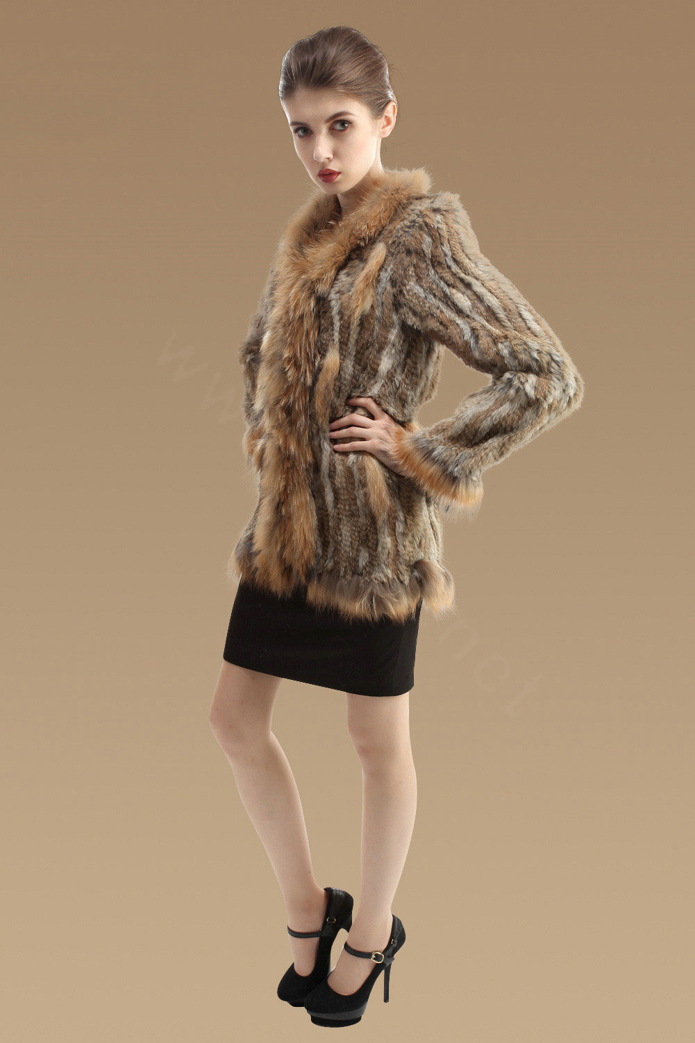 New Fashion Women Kint Rabbit Fur Coats Genuine Raccoon Fur Warm Outerwear - Natural Yellow