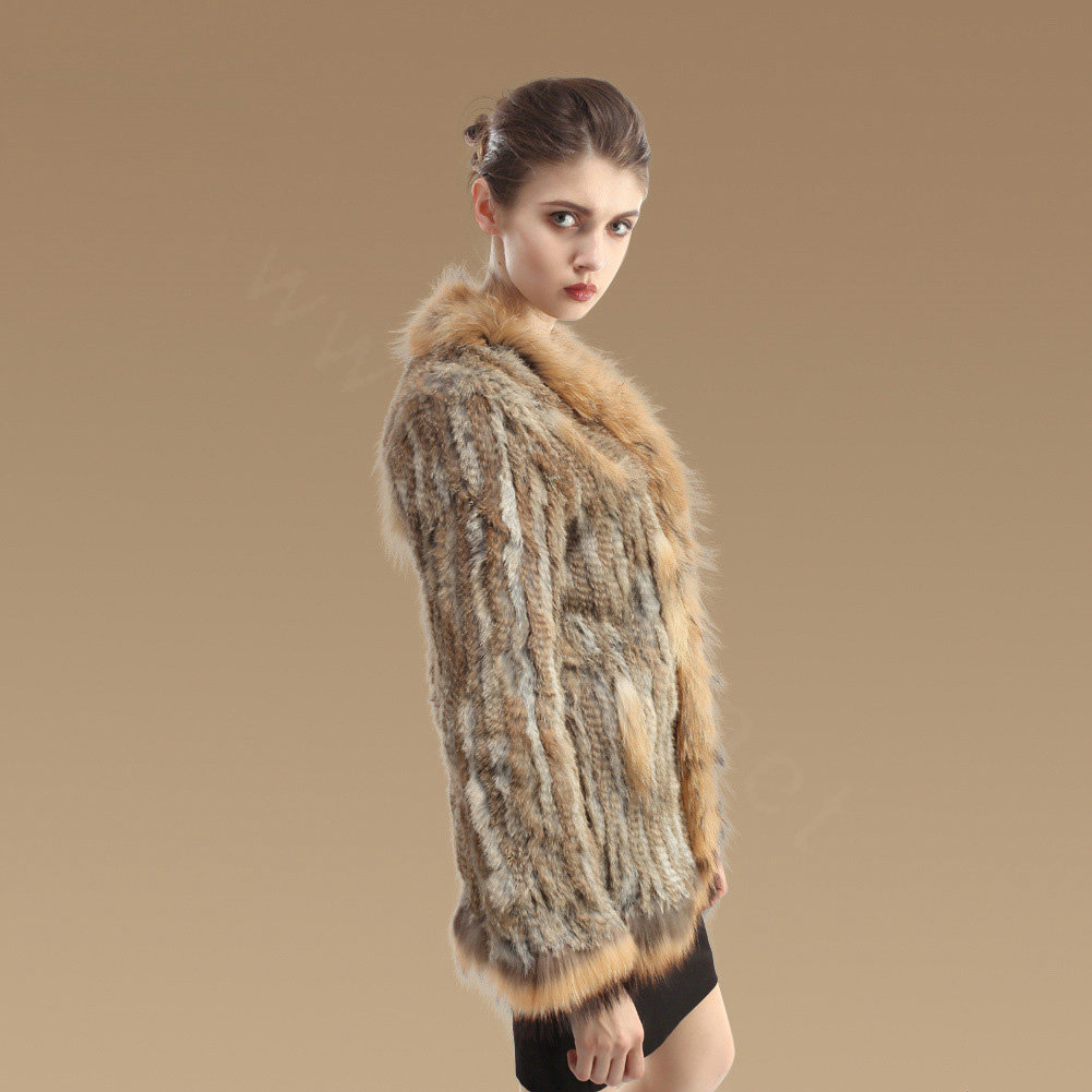 New Fashion Women Kint Rabbit Fur Coats Genuine Raccoon Fur Warm Outerwear - Natural Yellow