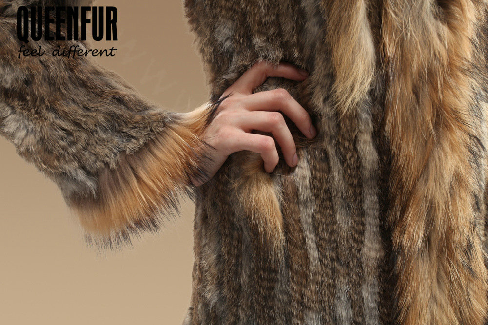 New Fashion Women Kint Rabbit Fur Coats Genuine Raccoon Fur Warm Outerwear - Natural Yellow