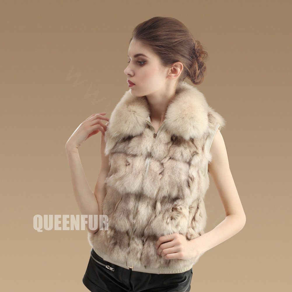 New Genuine Knitted Fox Fur Waistcoat Fashion Elegant Women Winter Warm Fur Vests - Beige