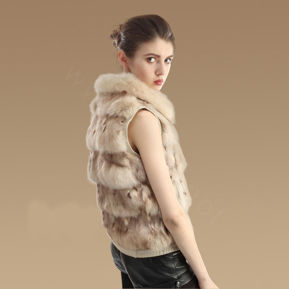 New Genuine Knitted Fox Fur Waistcoat Fashion Elegant Women Winter Warm Fur Vests - Beige