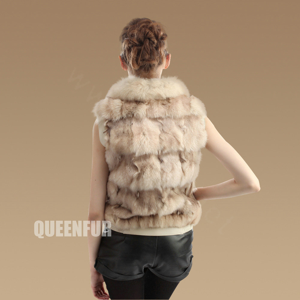 New Genuine Knitted Fox Fur Waistcoat Fashion Elegant Women Winter Warm Fur Vests - Beige