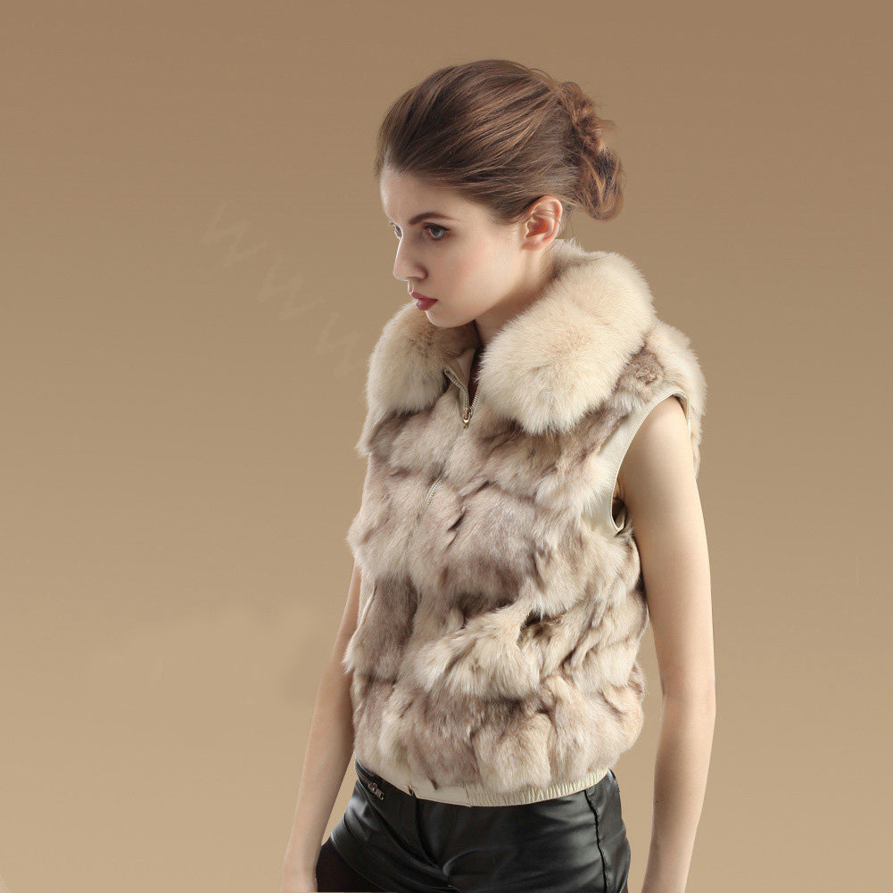 New Genuine Knitted Fox Fur Waistcoat Fashion Elegant Women Winter Warm Fur Vests - Beige