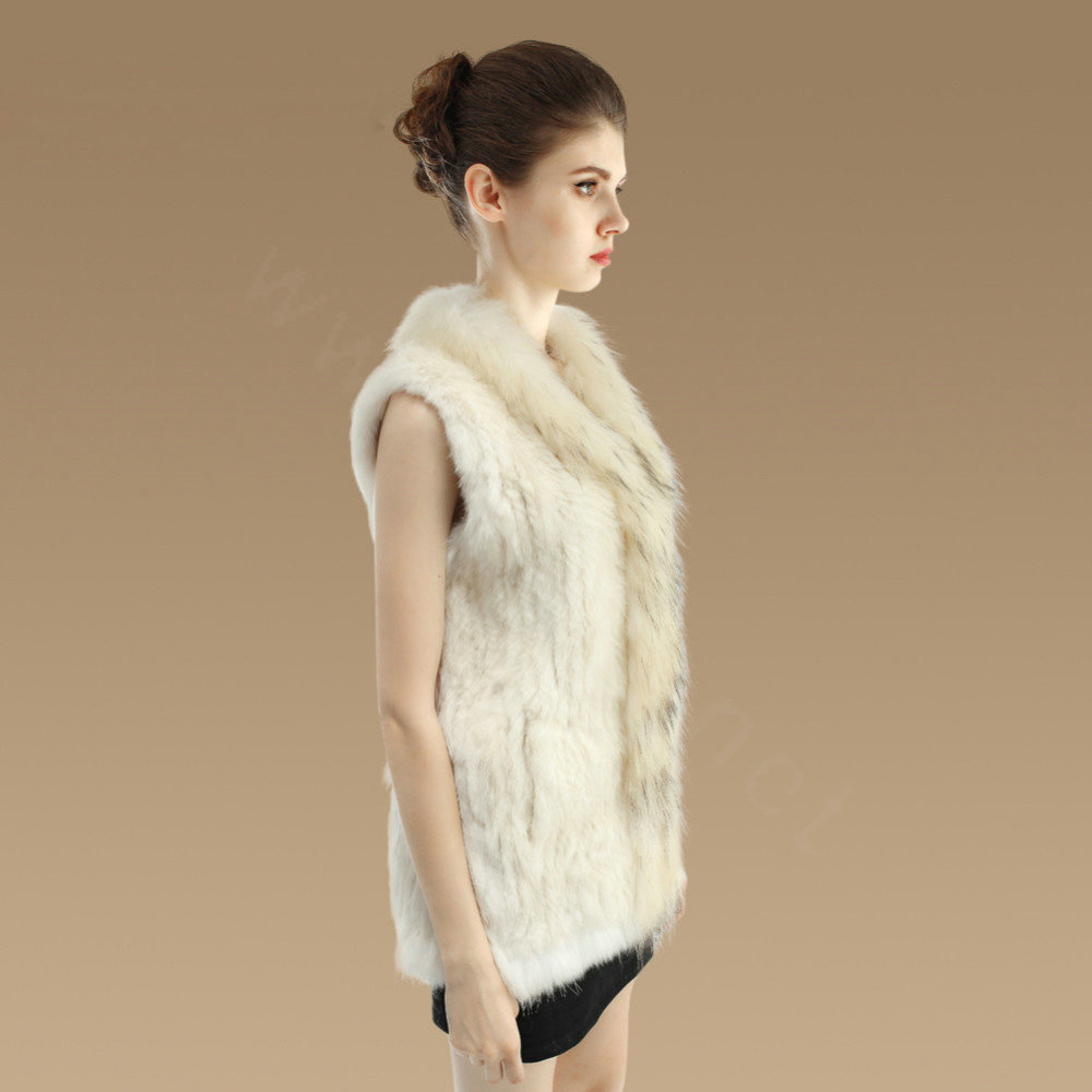 New Genuine Knitted Rabbit Fur Vest With Raccoon Fur Collar Women Long Fur Gilet - Beige