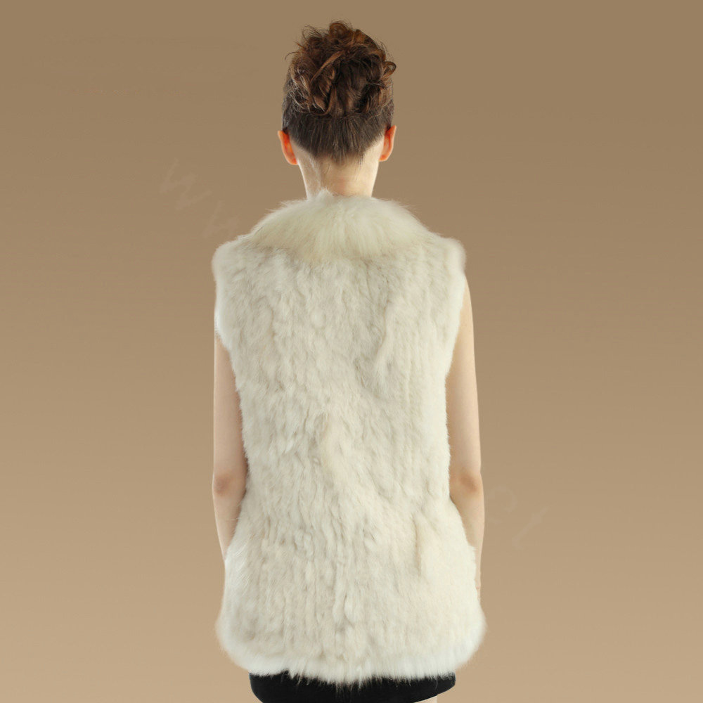 New Genuine Knitted Rabbit Fur Vest With Raccoon Fur Collar Women Long Fur Gilet - Beige