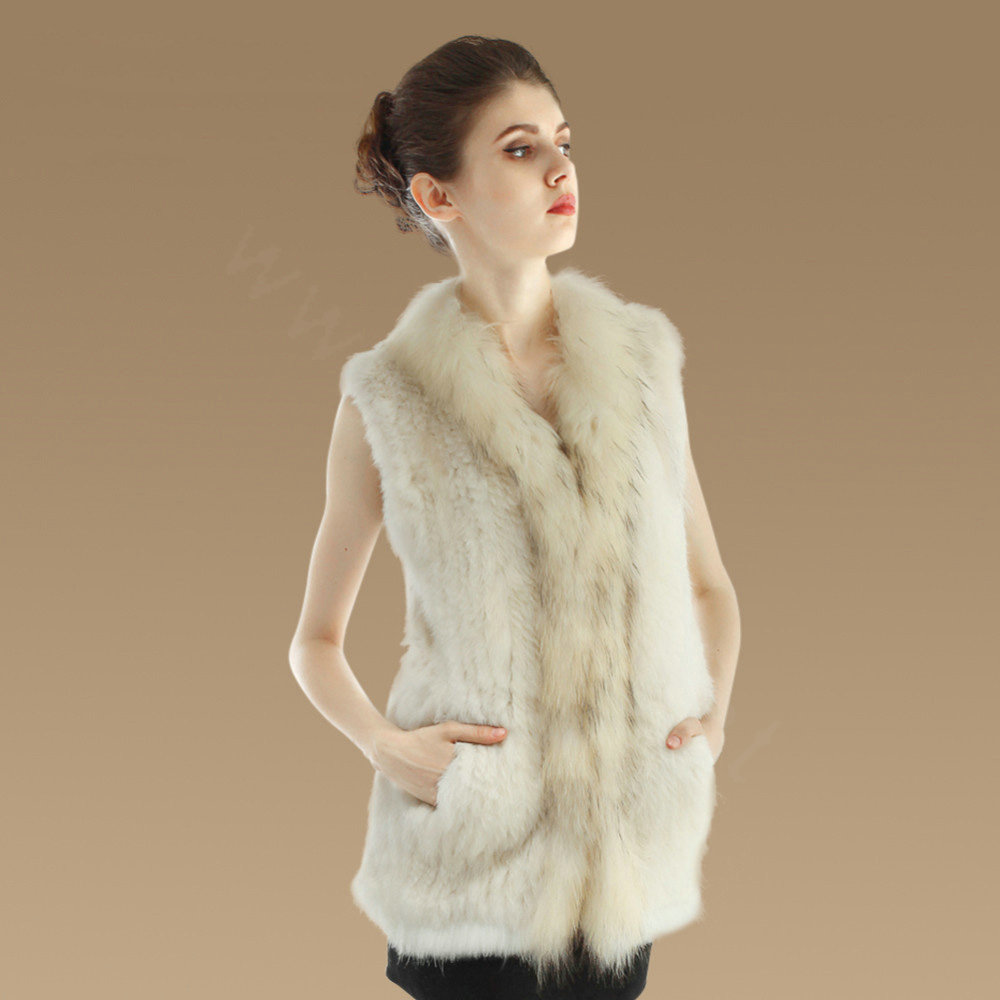 New Genuine Knitted Rabbit Fur Vest With Raccoon Fur Collar Women Long Fur Gilet - Beige