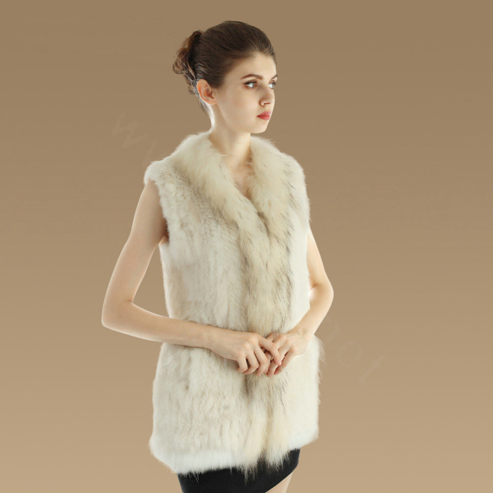 New Genuine Knitted Rabbit Fur Vest With Raccoon Fur Collar Women Long Fur Gilet - Beige