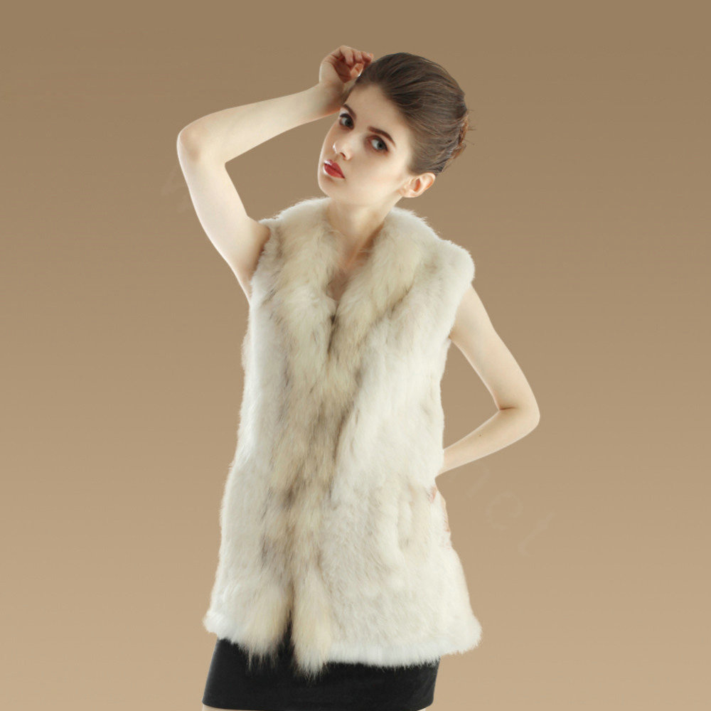 New Genuine Knitted Rabbit Fur Vest With Raccoon Fur Collar Women Long Fur Gilet - Beige