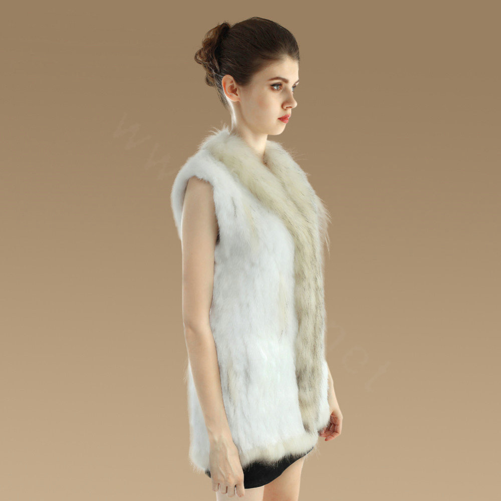New Genuine Knitted Rabbit Fur Vest With Raccoon Fur Collar Women Long Fur Gilet - White