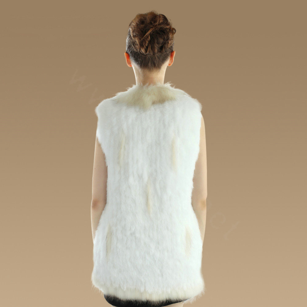 New Genuine Knitted Rabbit Fur Vest With Raccoon Fur Collar Women Long Fur Gilet - White