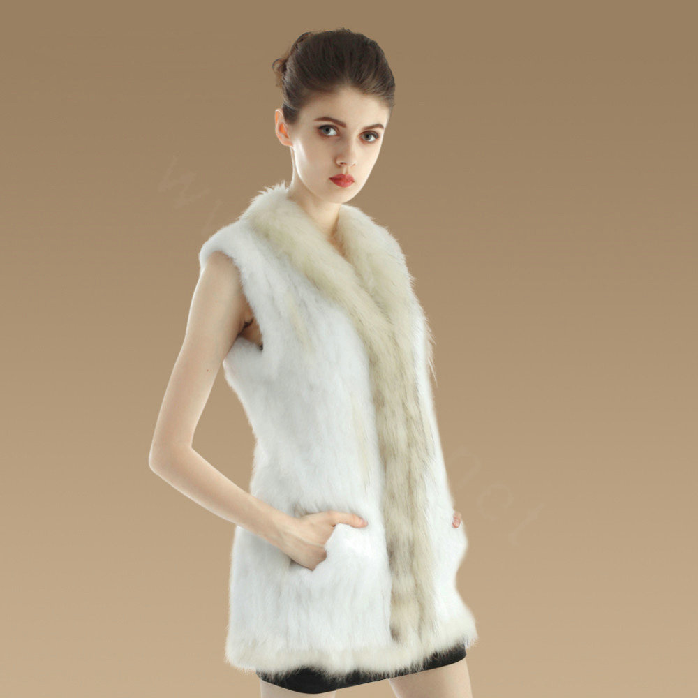 New Genuine Knitted Rabbit Fur Vest With Raccoon Fur Collar Women Long Fur Gilet - White