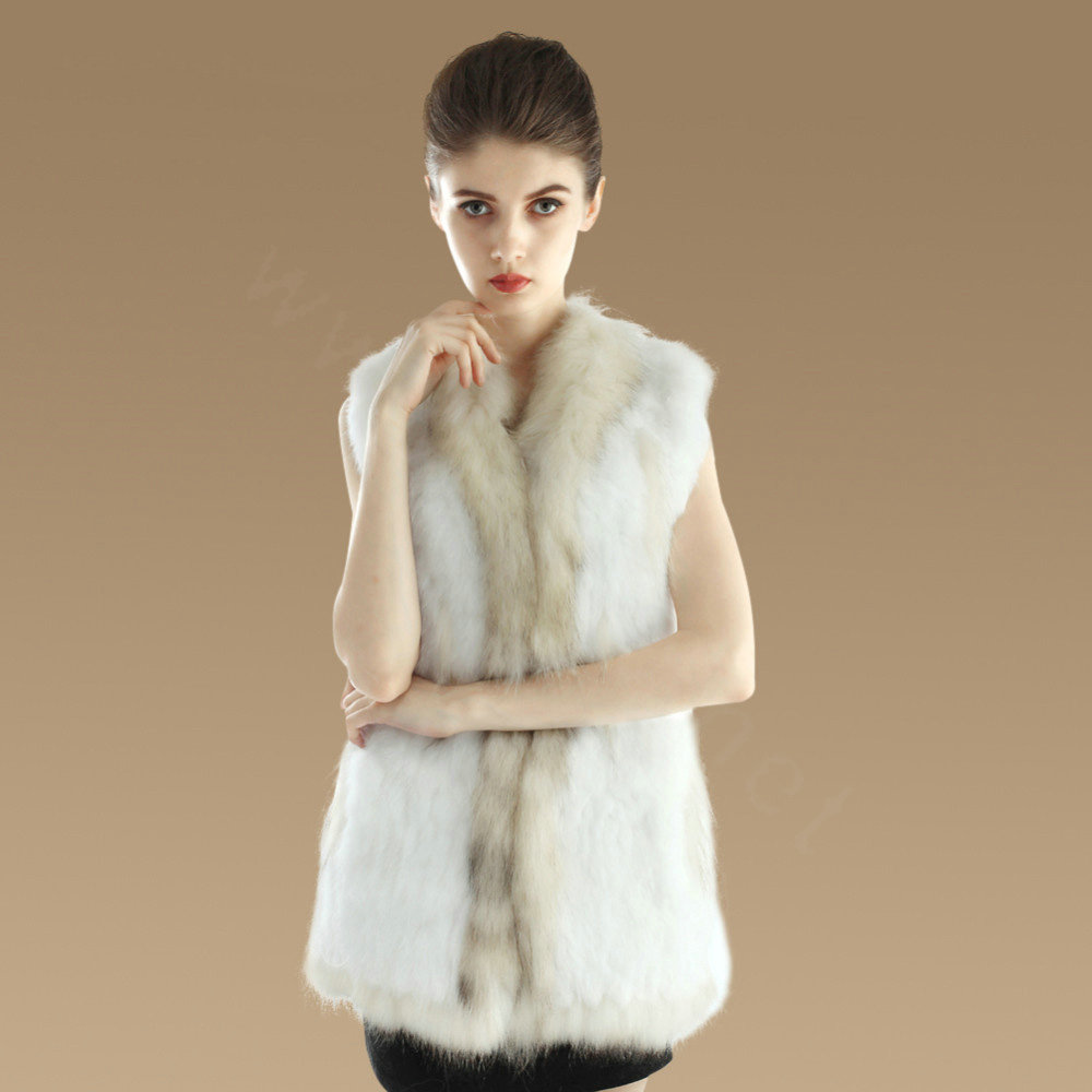New Genuine Knitted Rabbit Fur Vest With Raccoon Fur Collar Women Long Fur Gilet - White