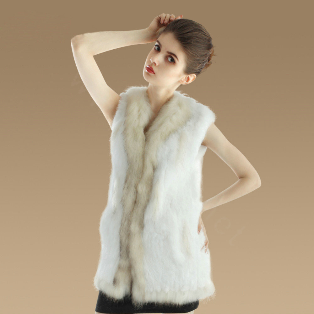 New Genuine Knitted Rabbit Fur Vest With Raccoon Fur Collar Women Long Fur Gilet - White