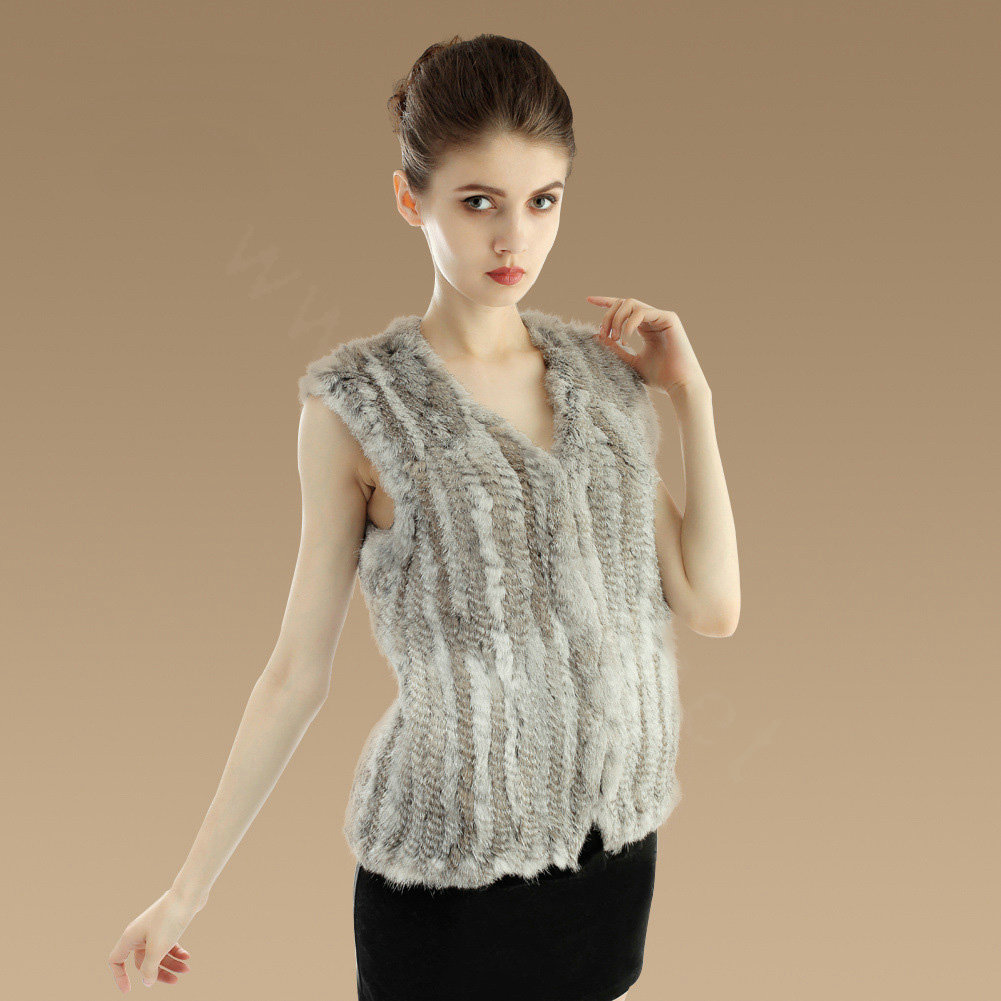 New Genuine Knitting Nature Rabbit Fur Vest Fashion Women Fur Waistcoat - Nature Grey